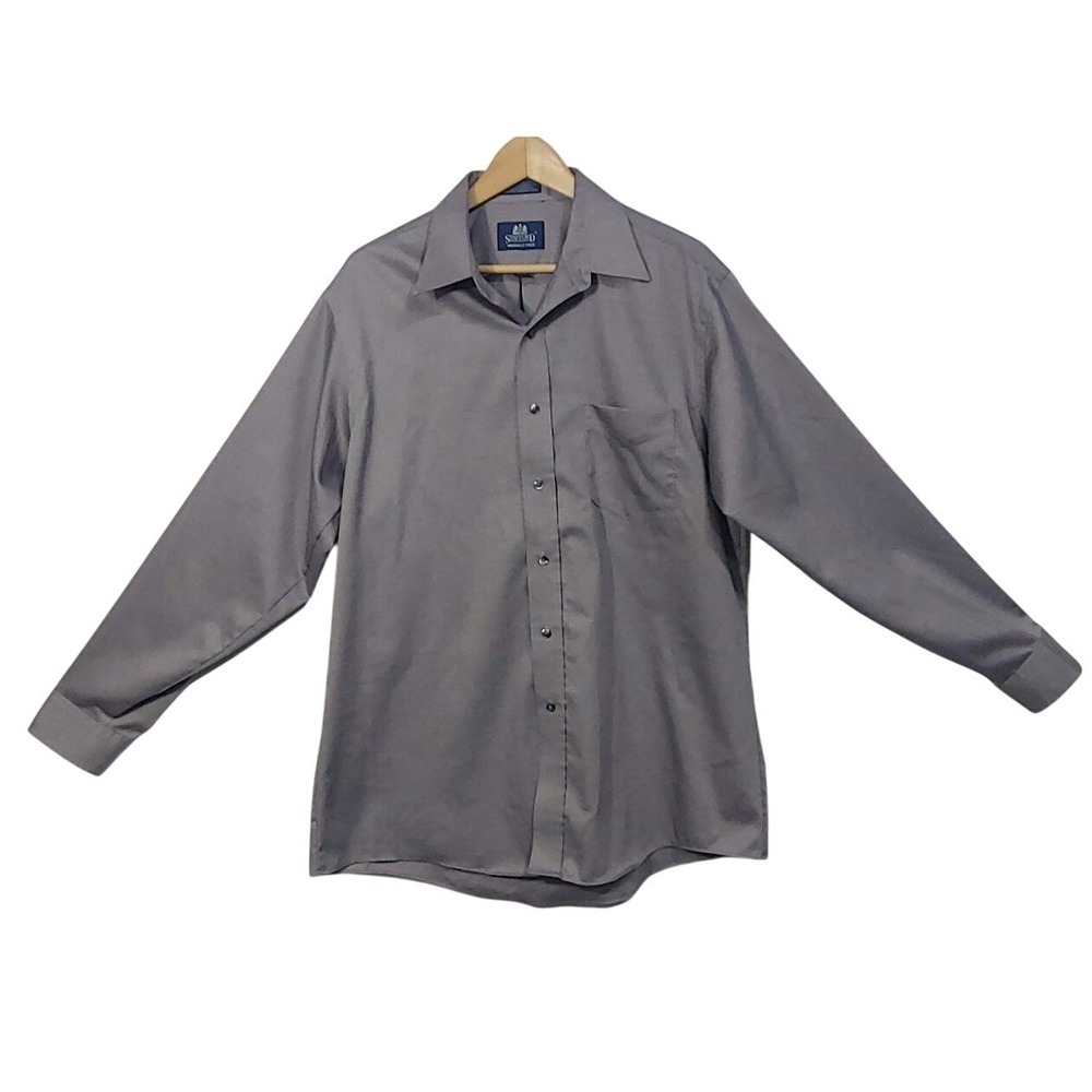 Sanford Wrikle-free 16 1/2 Solid Gray Button Up Long Sleeve Dress Shirt Mens - Picture 2 of 12